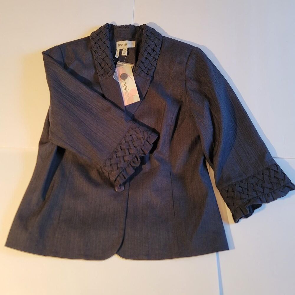 $105 LANA LEE Women's Size 14 Navy Blue Woven Collar & Sleeves 2-Button Jacket